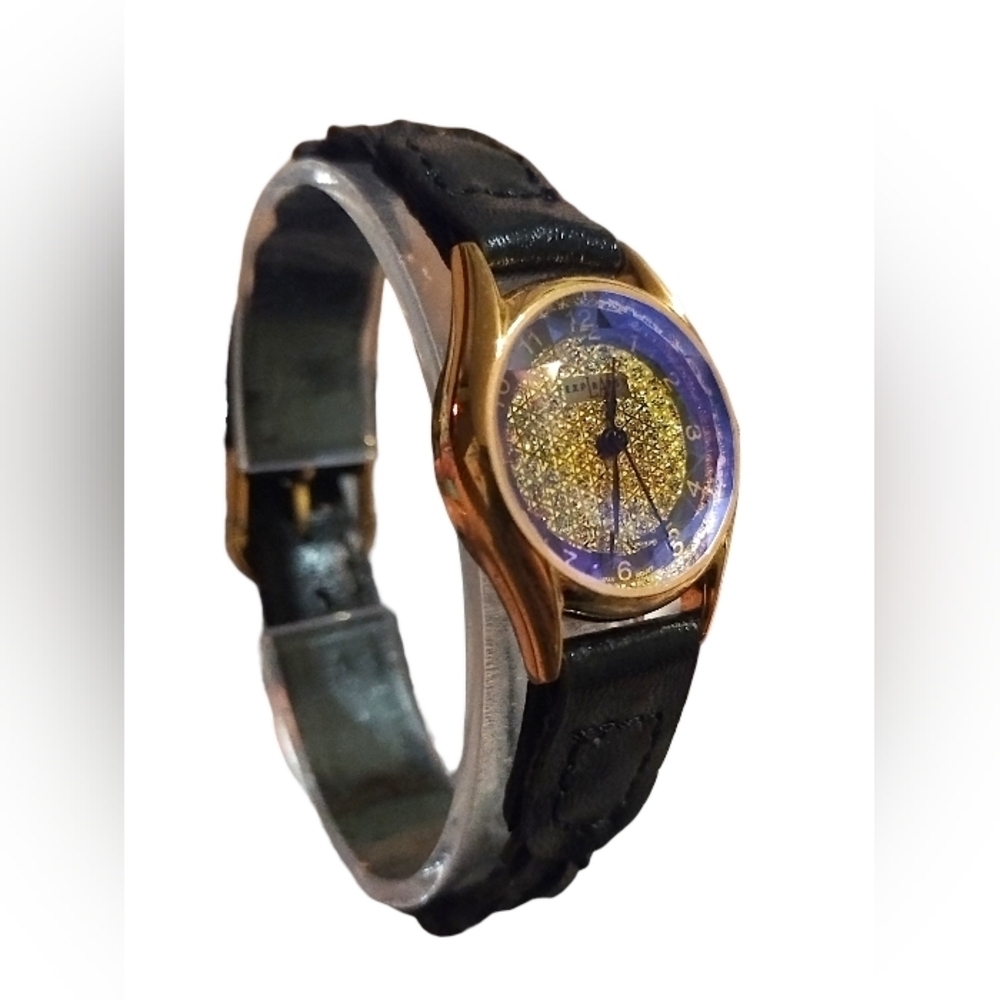 Vintage Women's LA Express Watch Gold Tone Blue Faceted Face Black Leather Band - Picture 2 of 6